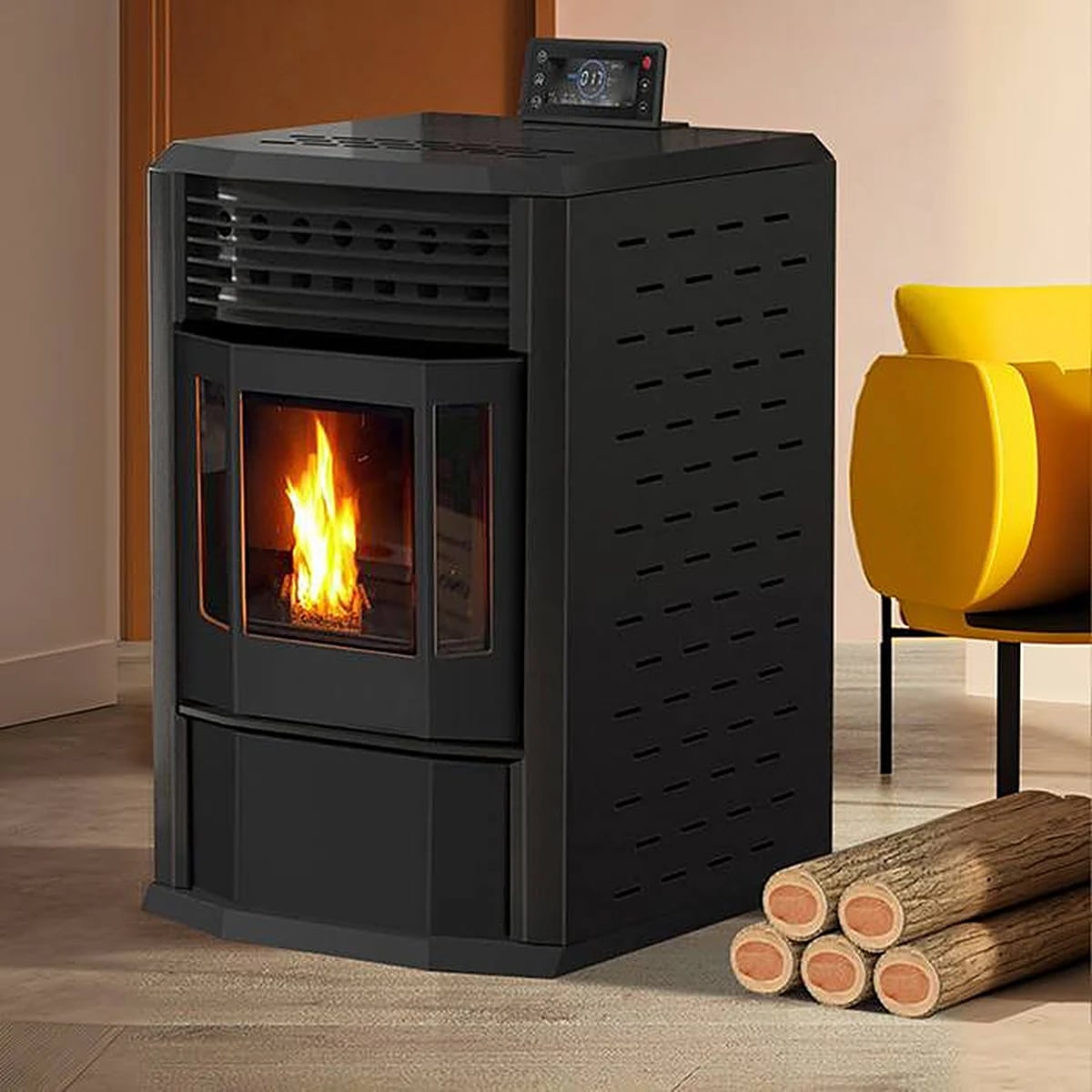 Peletmax Anka 17 kW Siyah Altıgen Cumbalı Pelet Sobası – ortam görseli