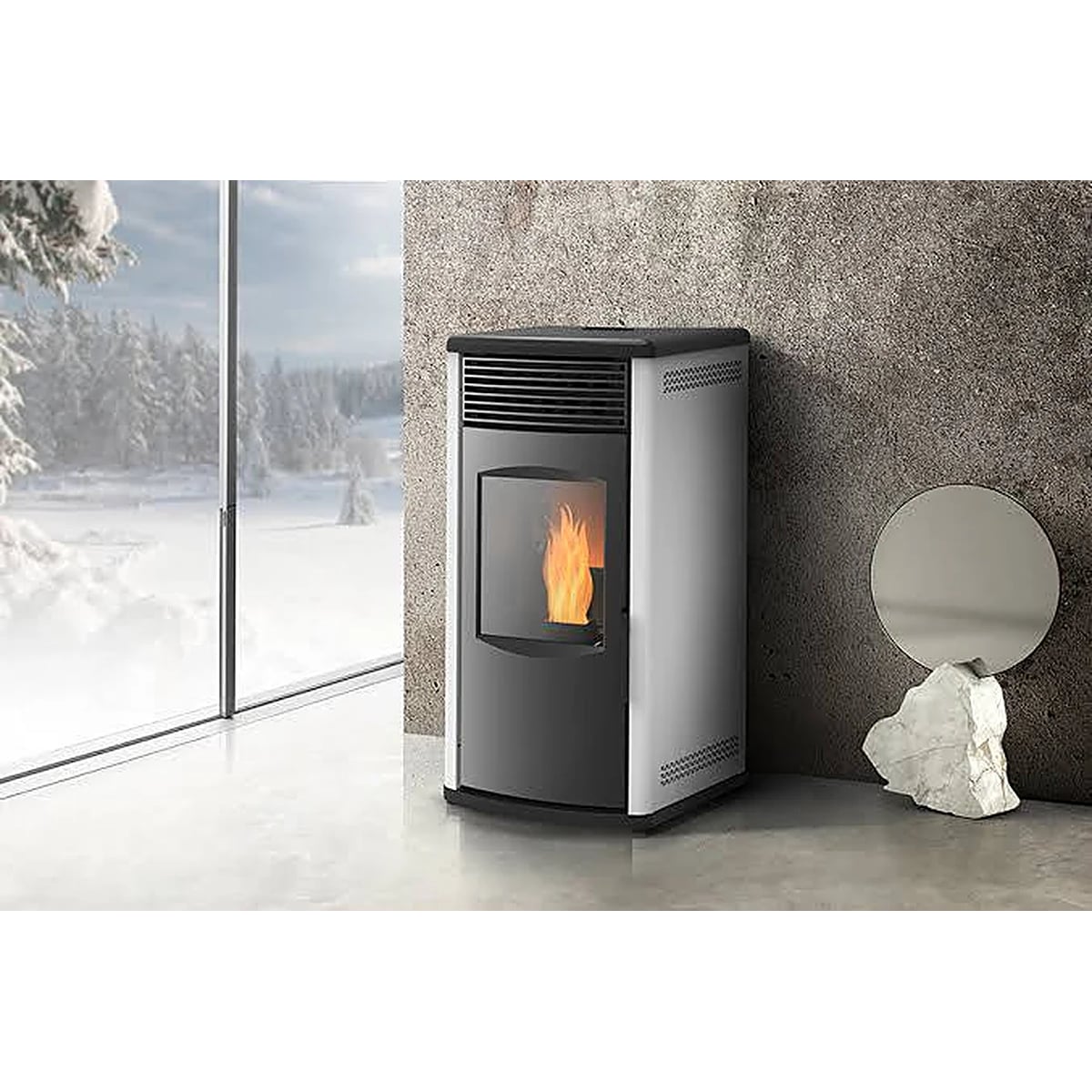 Peletmax Ayaz 7 kW Gümüş Gri Pelet Sobası – ortam görseli